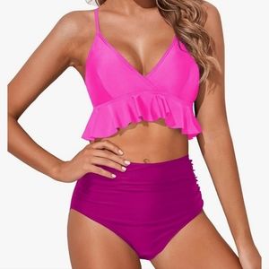 Ruffle High Waist Pink Swimming Suit